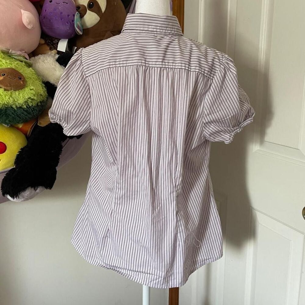 FASHION BUG PURPLE STRIPED RUFFLE BUTTON-UP BLOUSE - Picture 3 of 4